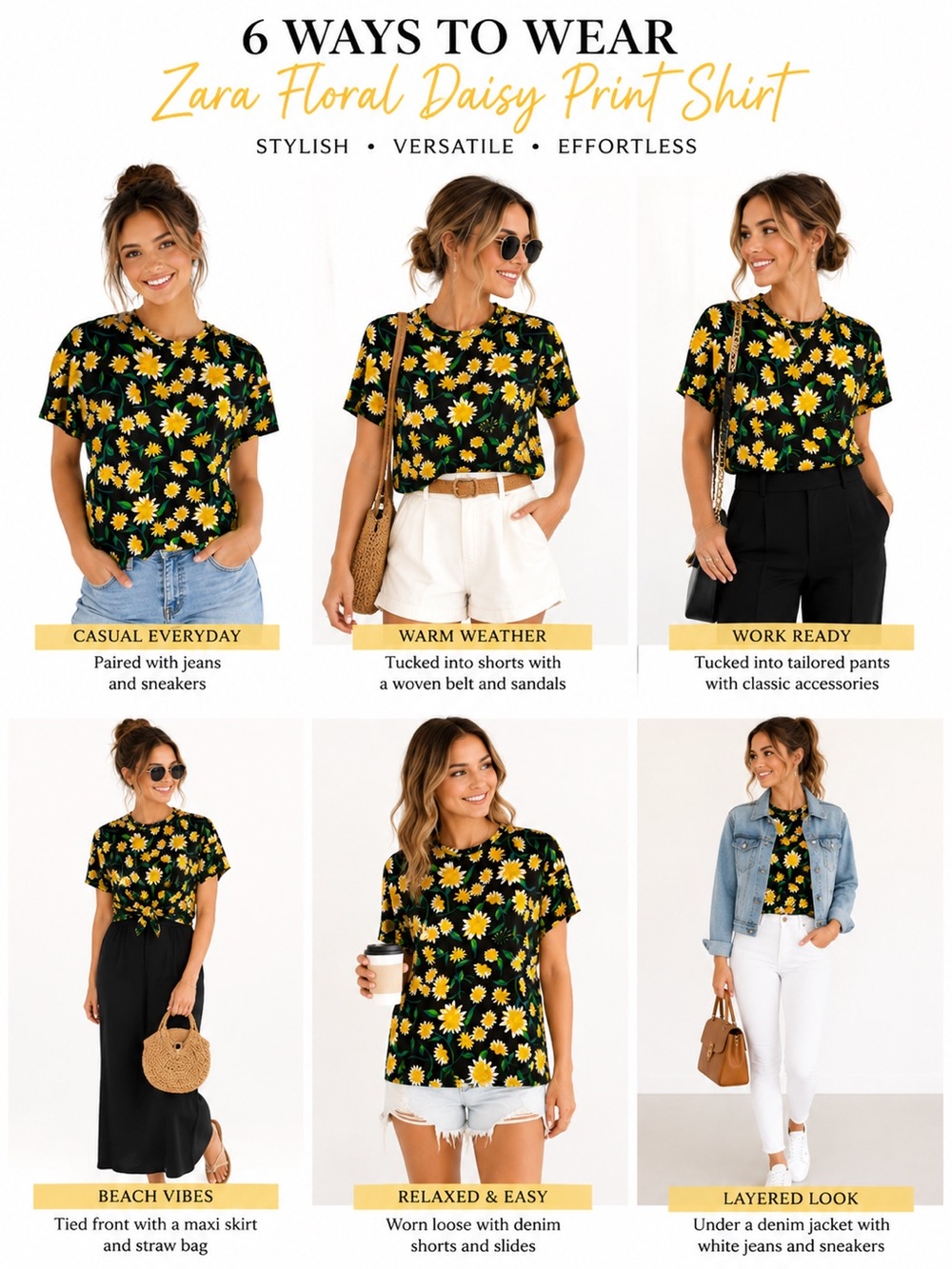 NWT Zara Black Yellow Daisy Floral Print Top Size Small - Picture 3 of 9